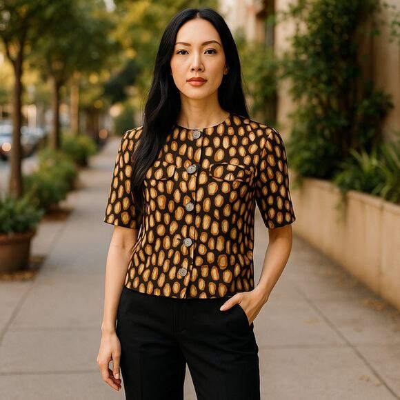 Vintage Korean Tai Lam Pattern Button Down Blouse ShoulderPad Black Tan Medium - Picture 1 of 9